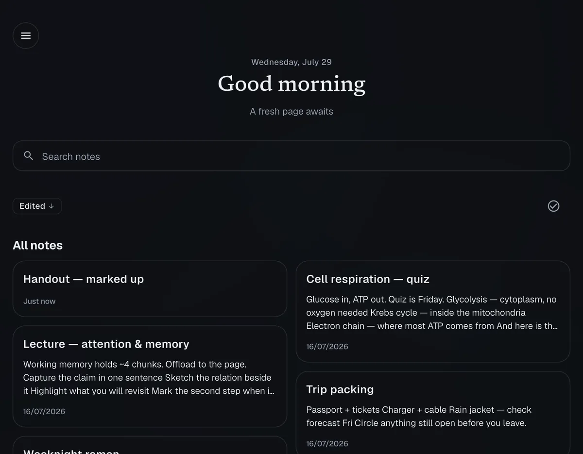 The Slote note gallery — a morning greeting, a search field, and six note cards across two columns