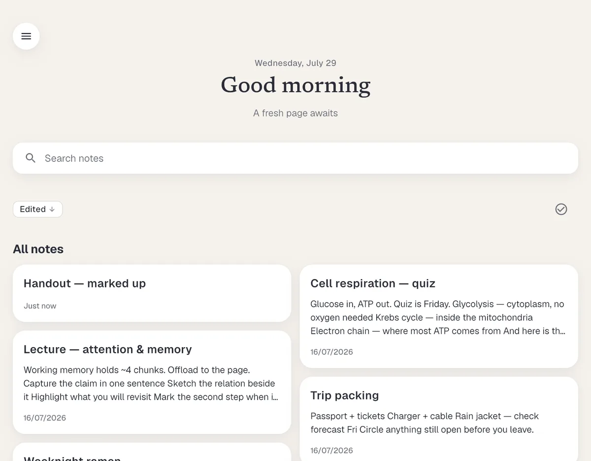 The Slote note gallery — a morning greeting, a search field, and six note cards across two columns