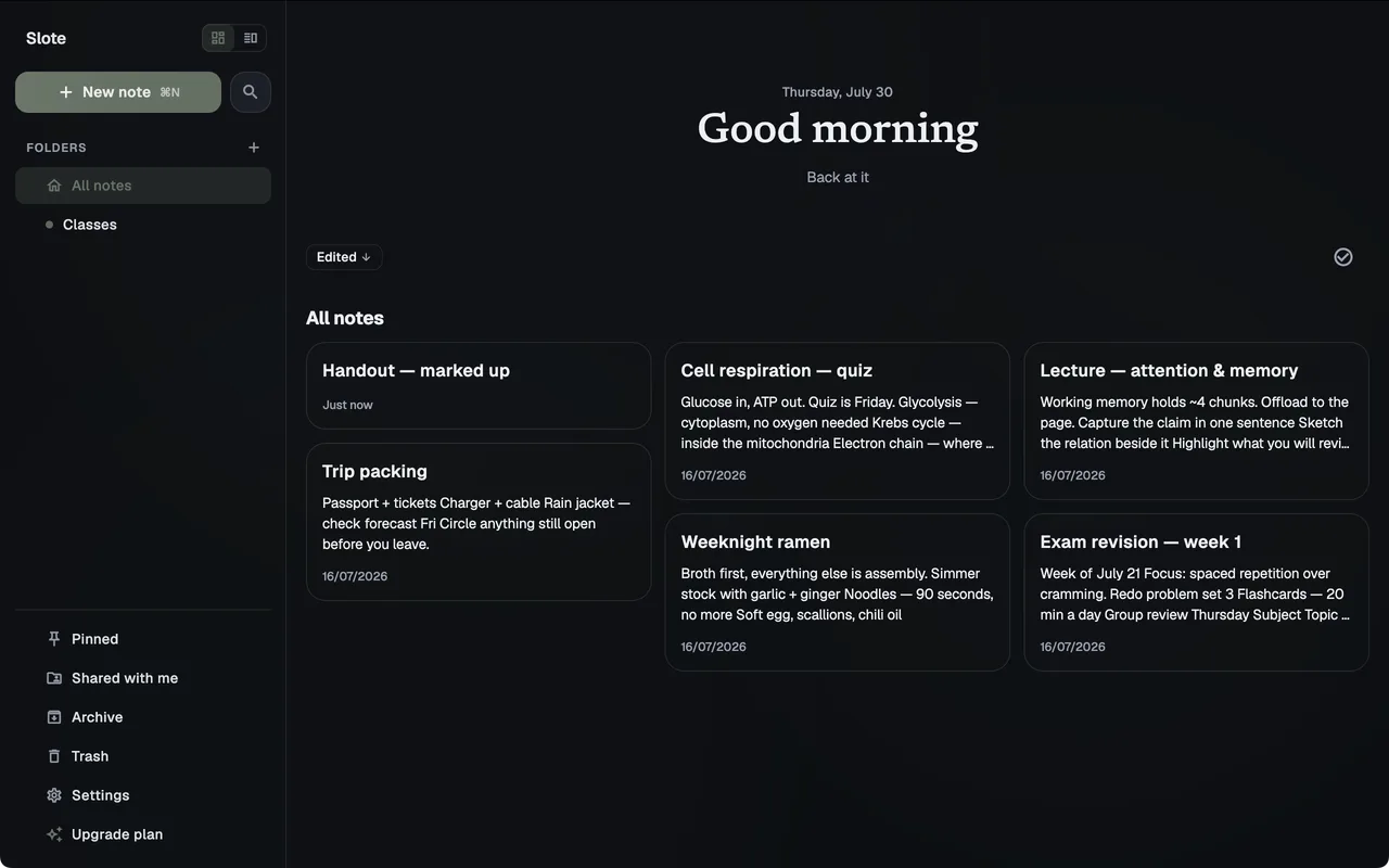 Slote on macOS — a folder sidebar with a New note button beside a grid of six note cards under a morning greeting