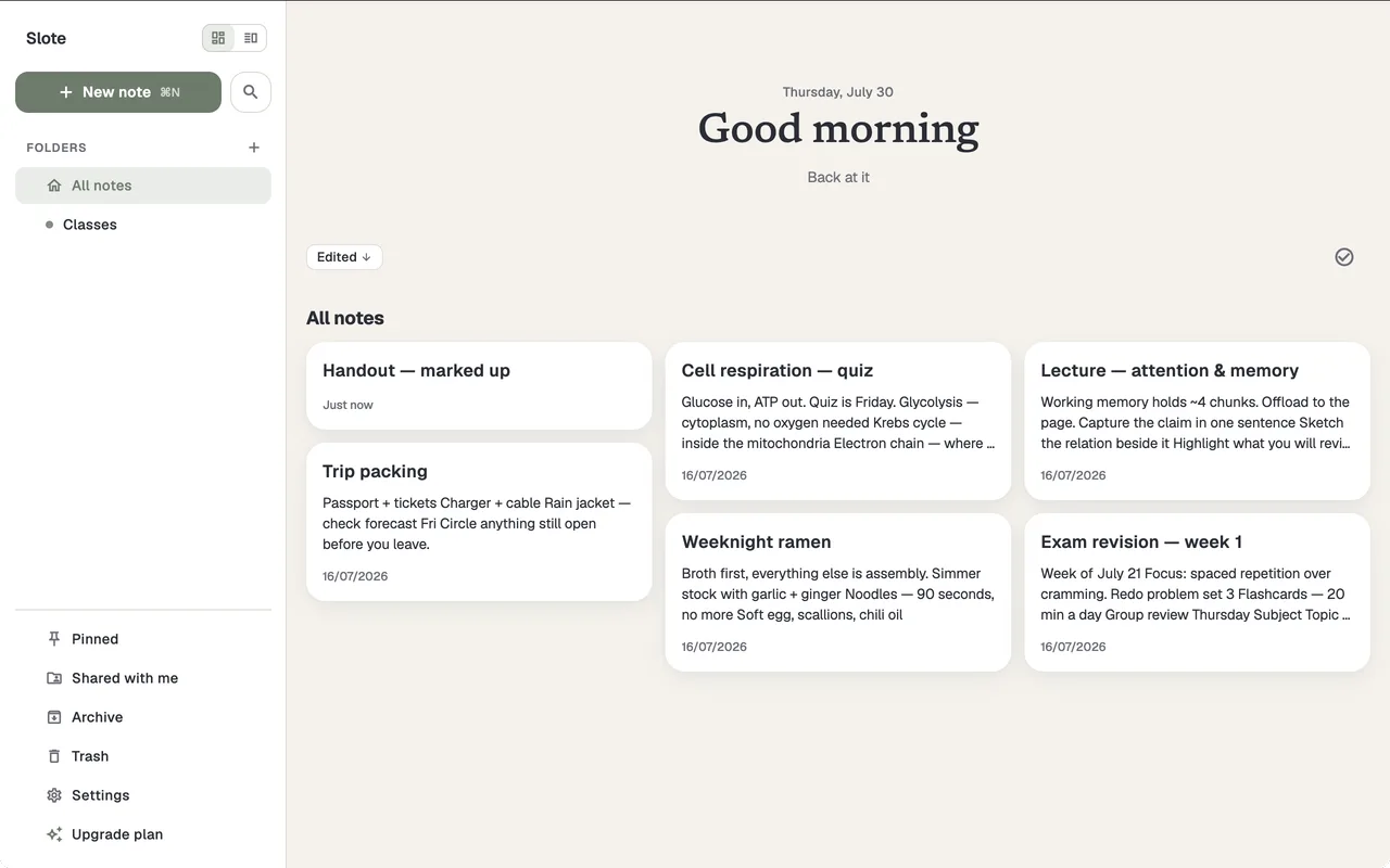 Slote on macOS — a folder sidebar with a New note button beside a grid of six note cards under a morning greeting