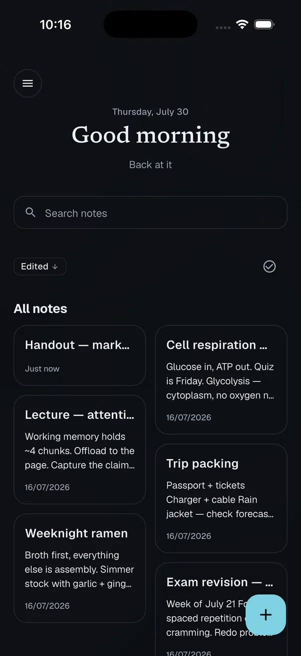 The Slote home screen on iPhone — a morning greeting, a search field, and note cards in two columns