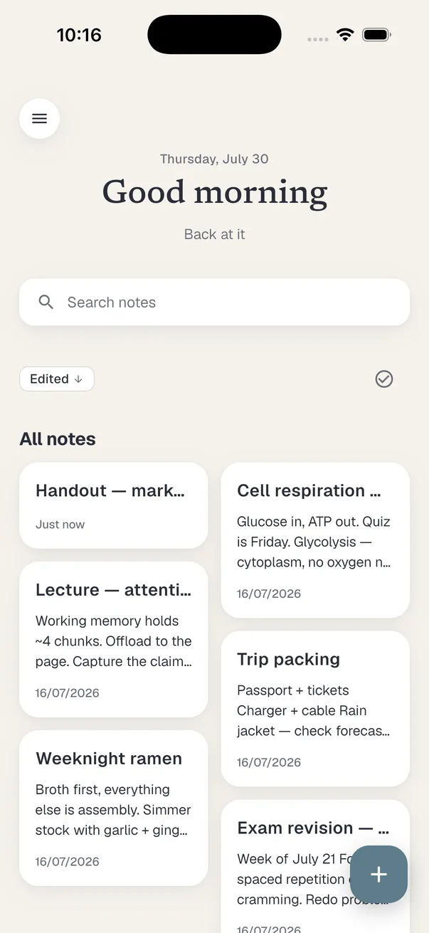The Slote home screen on iPhone — a morning greeting, a search field, and note cards in two columns