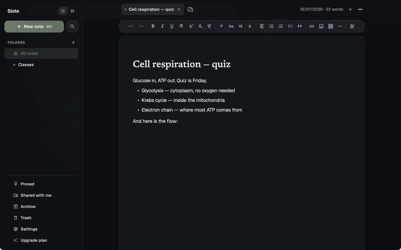 A note open in the Slote desktop editor — a note tab, a formatting toolbar, and the typed heading and list on the page