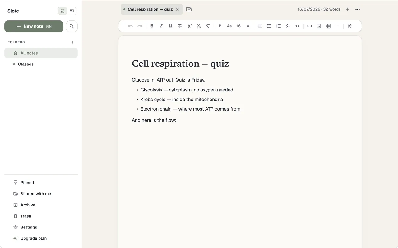 A note open in the Slote desktop editor — a note tab, a formatting toolbar, and the typed heading and list on the page