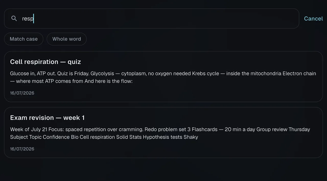 Slote search for “resp” listing the two notes whose bodies mention respiration
