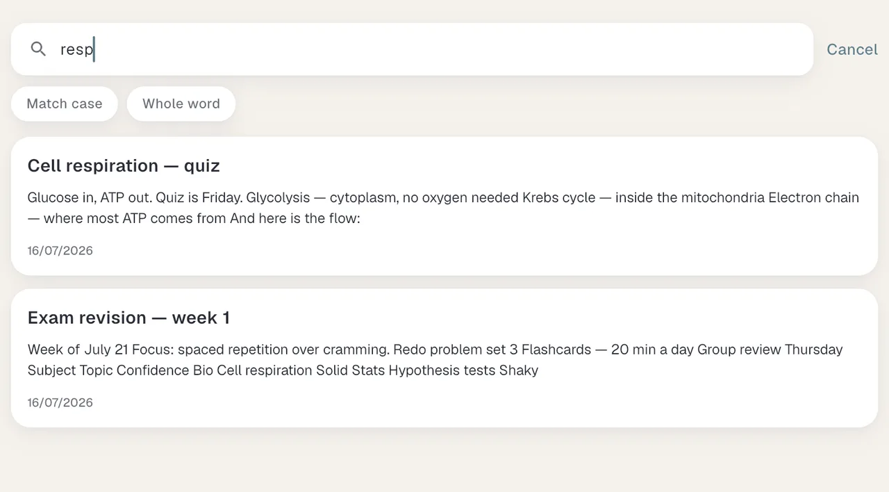Slote search for “resp” listing the two notes whose bodies mention respiration