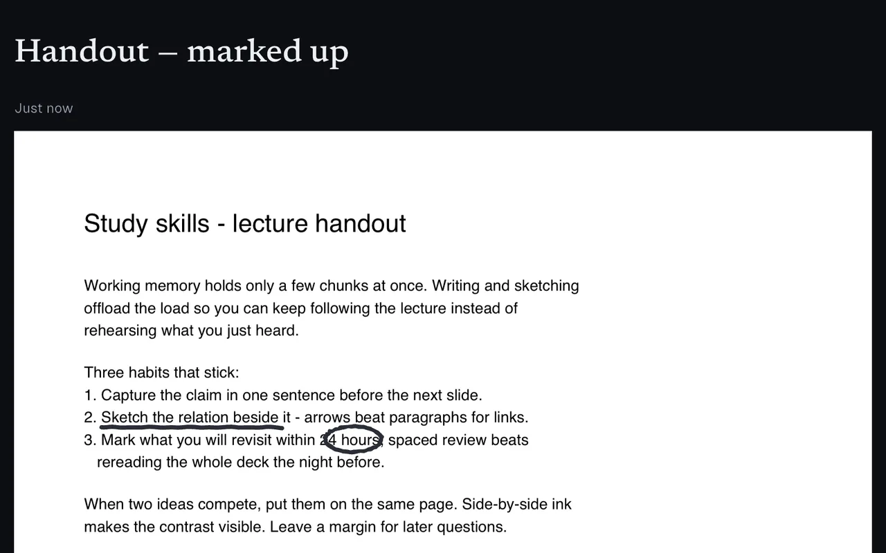 An imported lecture handout PDF in Slote with a pen underline under one step and “24 hours” ringed