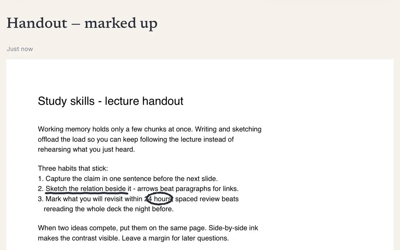 An imported lecture handout PDF in Slote with a pen underline under one step and “24 hours” ringed