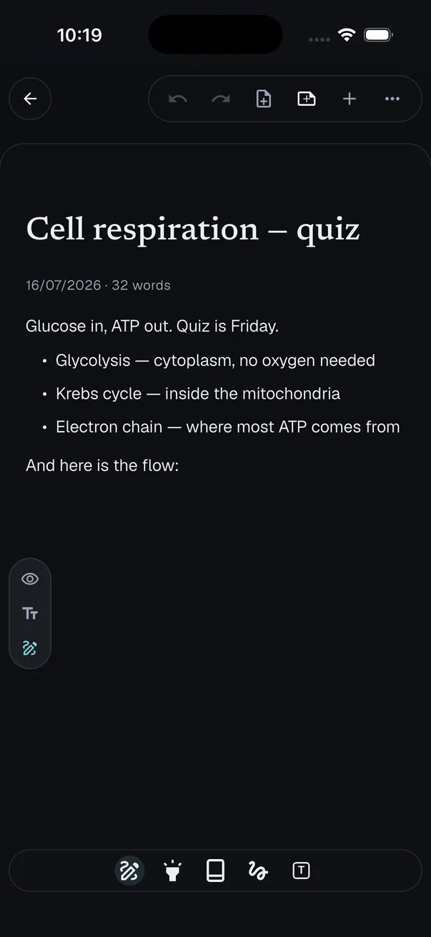 Drawing mode on iPhone — the pen selected in the tool bar, with highlighter, eraser, lasso and text box beside it