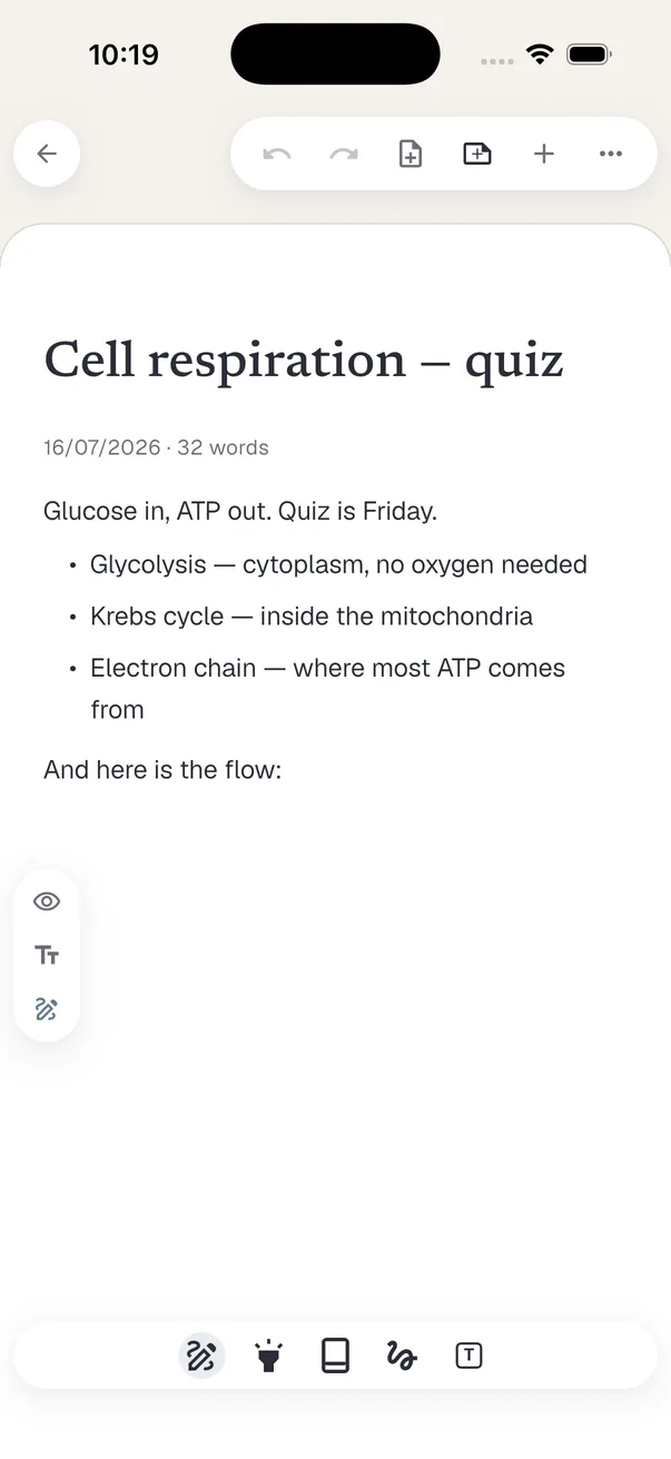 Drawing mode on iPhone — the pen selected in the tool bar, with highlighter, eraser, lasso and text box beside it